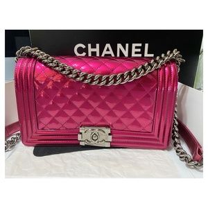 STUNNING RARE CHANEL METALLIC HOT PINK BOY BAG